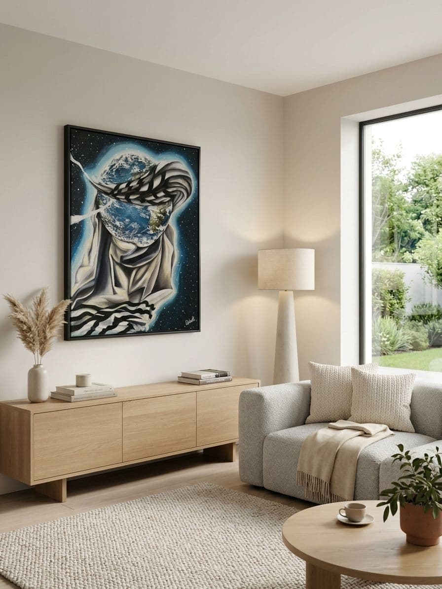 Le tableau Le monde sous le talith accroché au-dessus d'un buffet en bois clair dans un salon