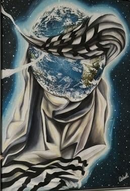 La Terre enveloppée dans un talith rayé de noir, flottant dans l'espace étoilé