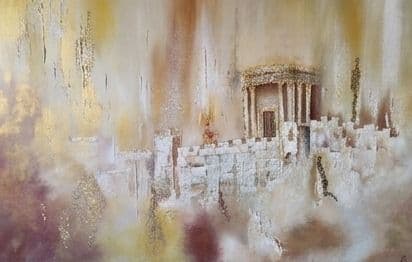 Le Beth Hamikdash doré au-dessus des remparts blancs de Jérusalem, dans une brume d'or, d'ocre et de mauve
