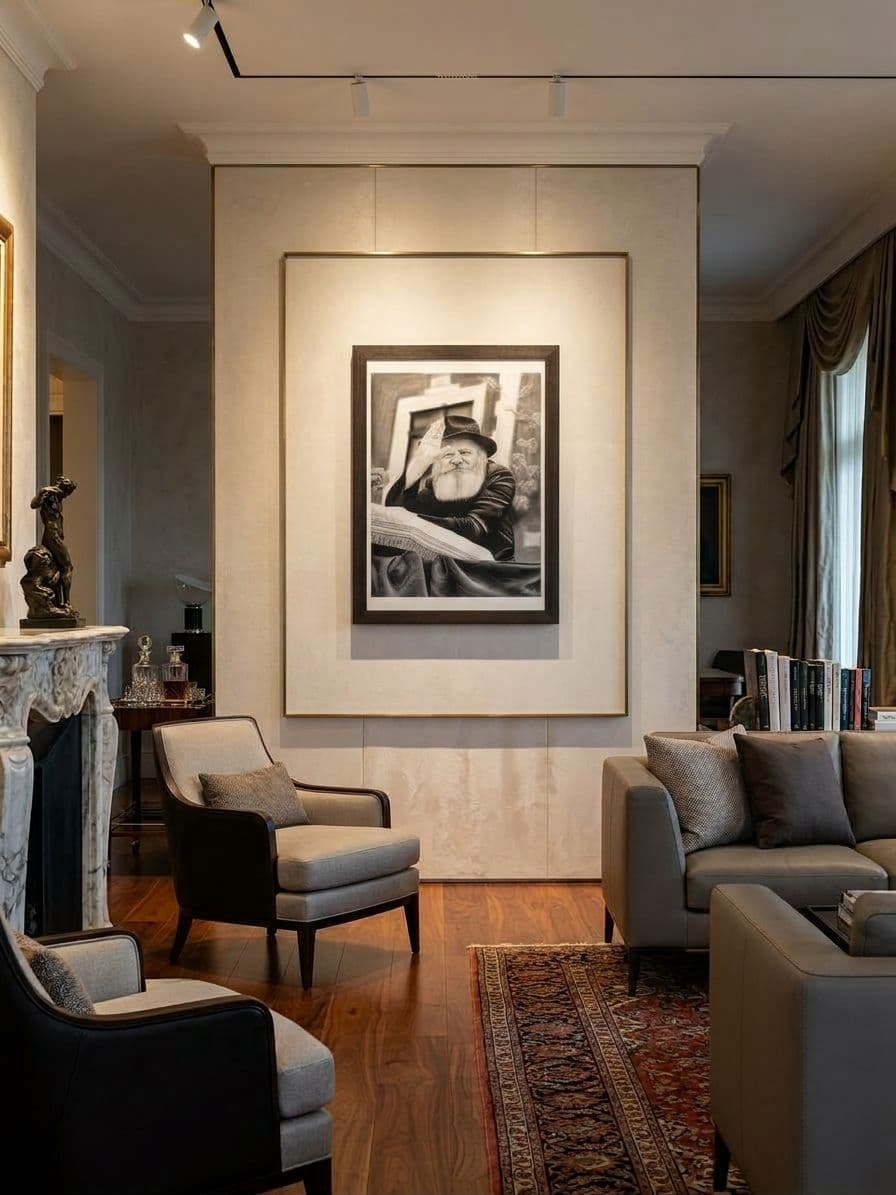 Le dessin du Rabbi qui salue, encadré sous passe-partout, accroché dans un salon élégant
