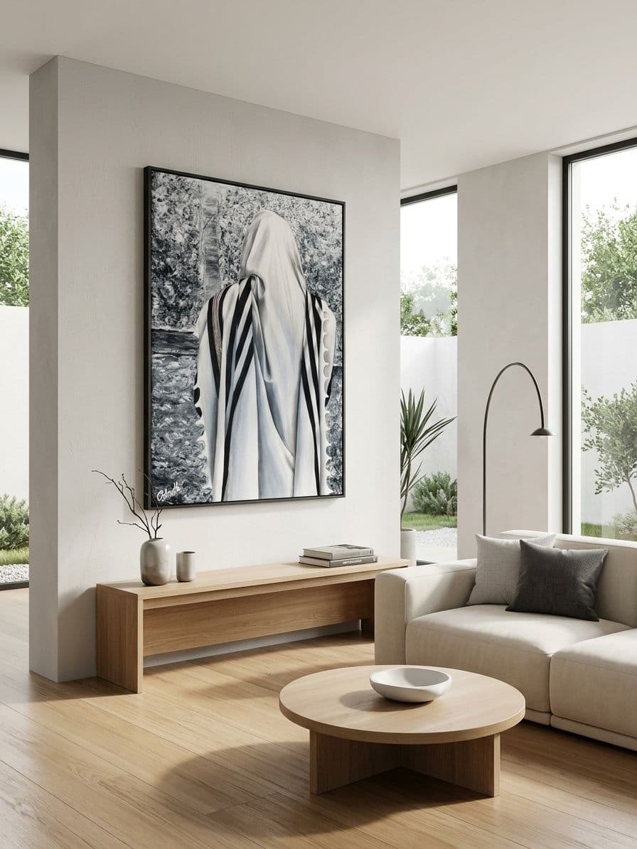 Le tableau Prière au Kotel accroché au-dessus d'une console en bois dans un salon clair